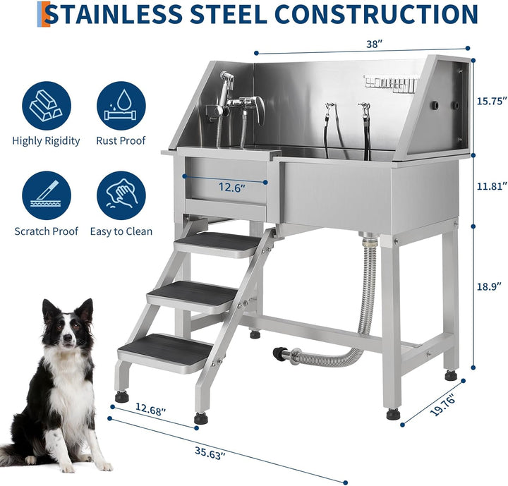 GarveeTech Hochwertige Hundebadewanne aus Edelstahl – Professionelle Waschstation mit Rampe, rutschf