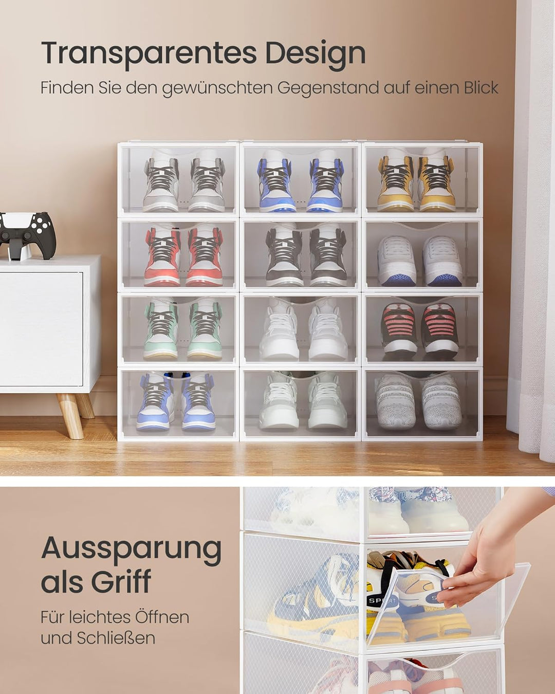 SONGMICS Schuhboxen, Schuh-Organizer aus Kunststoff, mit Tür, durchsichtig, 12er Set, stapelbar, ein