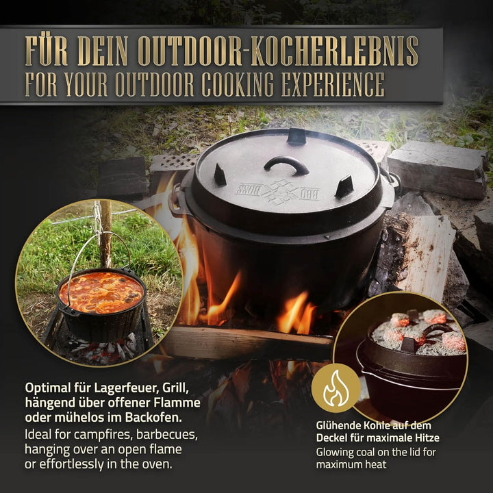 BBQ#BOSS Dutch Oven Set BBQ 4,2 Liter, Eingebrannter Feuertopf aus Gusseisen, Kochtopf mit Deckelheb