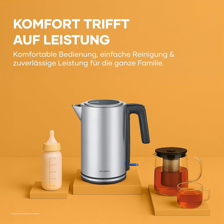 Severin Wasserkocher, Edelstahl, 1,7L, mit herausnehmbarem Kalkfilter, Leuchtanzeige, 360°-Basis, au