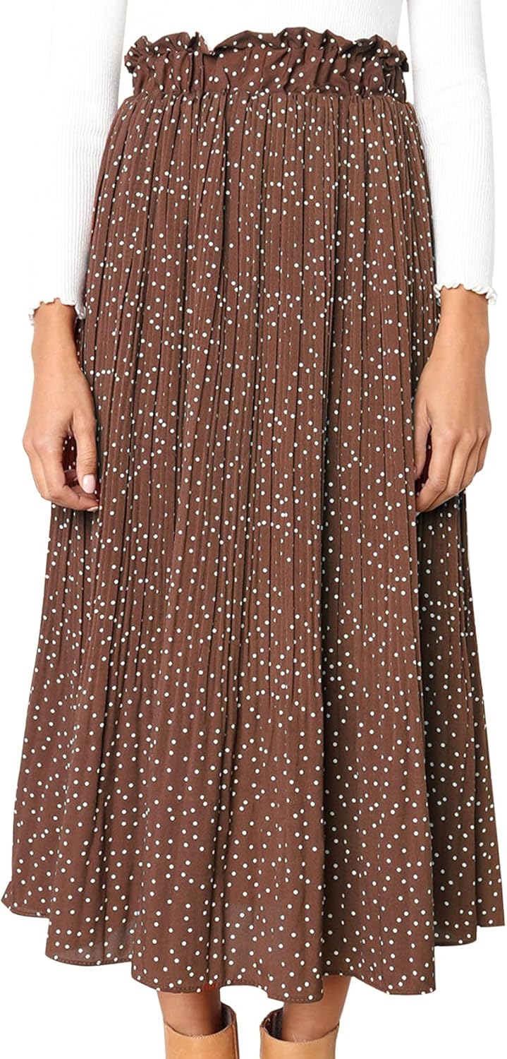 Hoerev Frauen Print Punkt mit Taschen Falten Langer Rock Beach Party Maxi Rock M Braun Punkt, M Brau