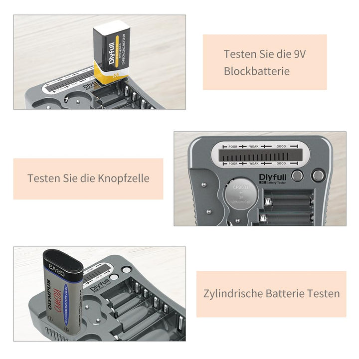 Dlyfull LCD Universal Batterietester für AA AAA C D 9V Digitaler Testgerät für CR123A CR2 CRV3 2CR5