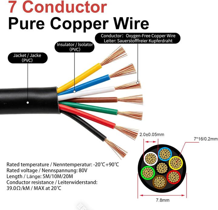 BEIJISTAR 10M Fahrzeugleitung 7x0,5mm² Rundkabel, 12V 24V 7 Adriges Anhängerkabel, 7 Adriges Elektro