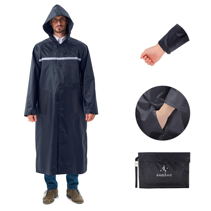 ioutdoor Regenmantel 100% Wasserdicht, der Extra Lange Regenschutz mit Taschen/Reflexstreifen/Kordel