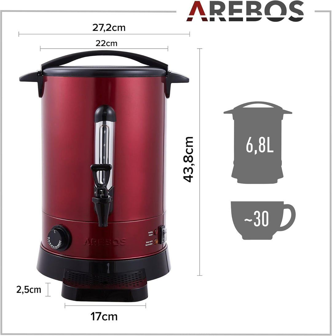 Arebos Glühweinkocher 950 W | Heissgetränkespender | 6,8 L | mit Auffangschale, Auslasshahn, Thermos
