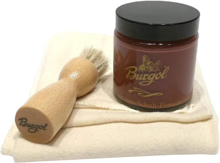 Schuhpflegeset mit Burgol - Schuhpomade Kastanie Tiegelbürste zum Auftragen und Baumwolltuchwolltuch