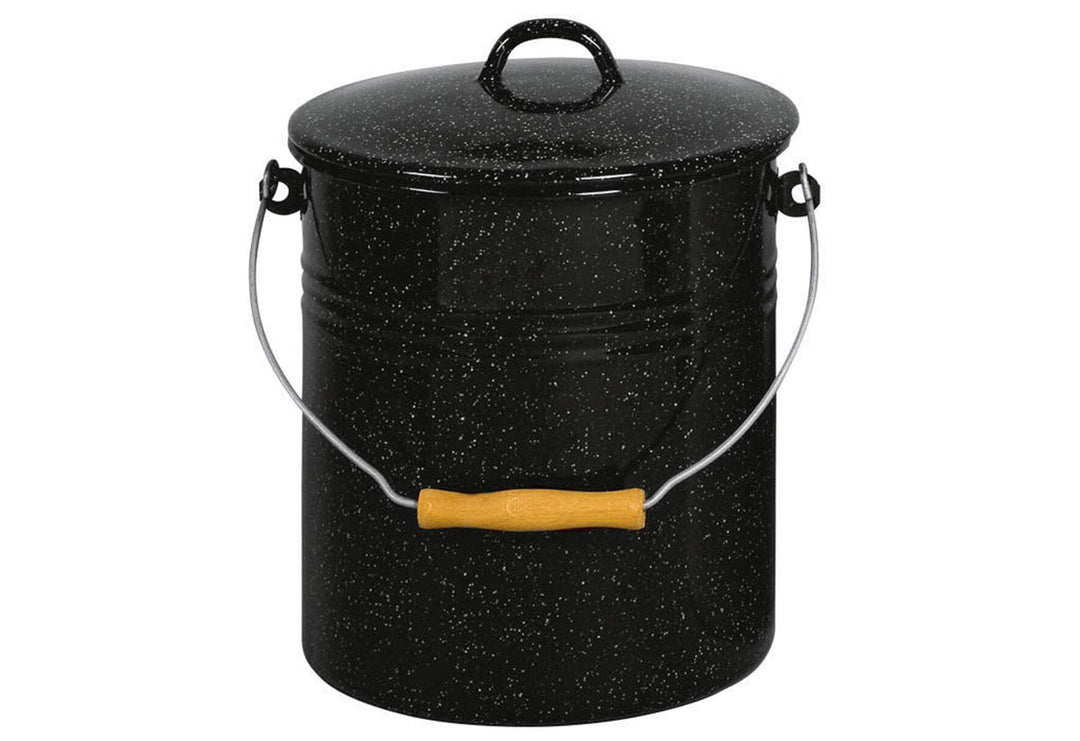 Mülleimer mit Deckel emailliert, schwarz mit weissen Sprenkeln, 10 Liter 10 Liter Schwarz Gesprenkel