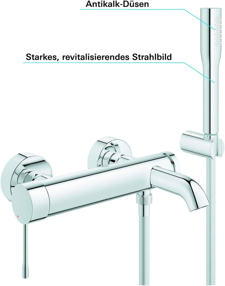 GROHE Essence | Badarmaturen - Einhand-Wannenbatterie | für Wandmontage mit Brausgarnitur | chrom |