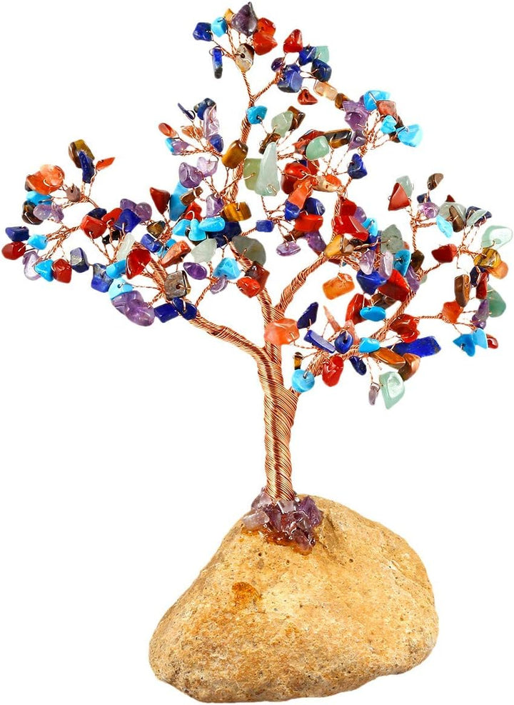 KYEYGWO Geld-Baum eingewickelt auf Steinbasis-Bonsaiskulptur-Figur für gutes Glück Bunter Kristall 1