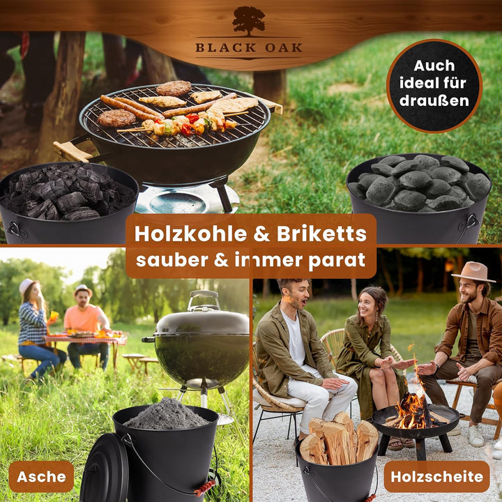 BLACK OAK Ascheeimer Santorini 25L – SET Schaufel & Besen gross 25 Liter schwarz rund mit Deckel Sta