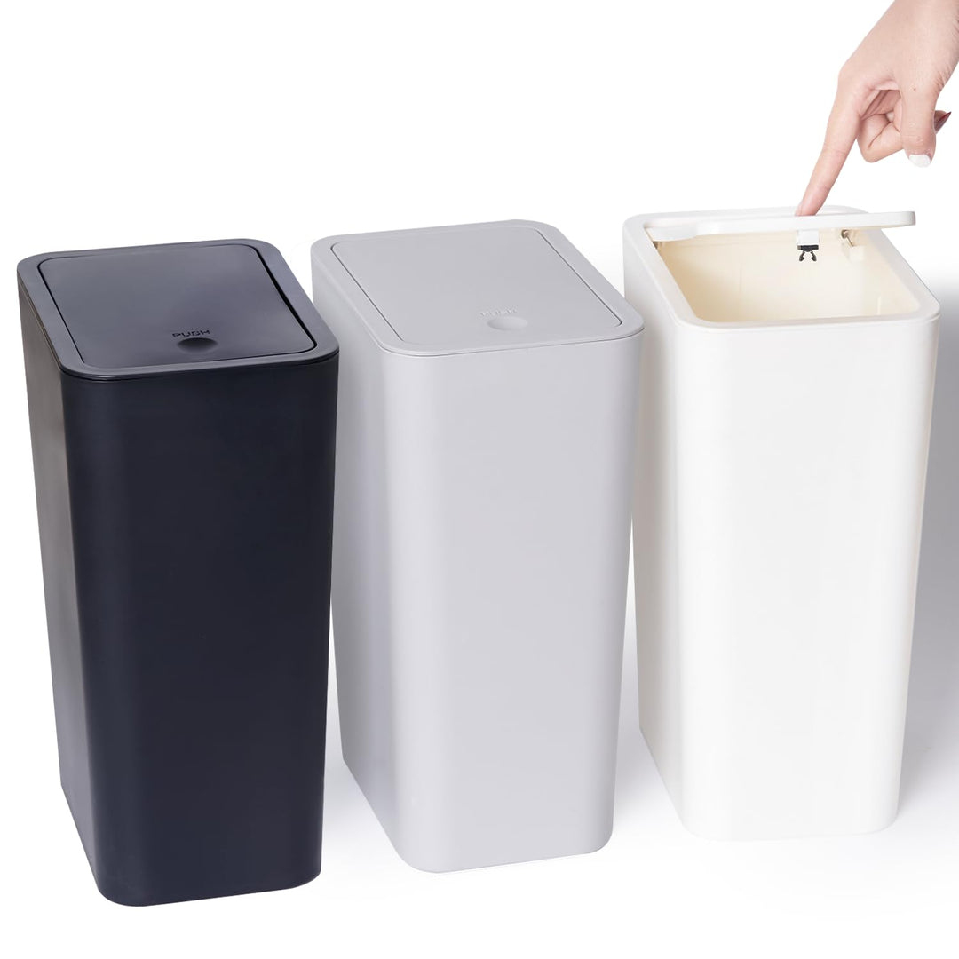 3er Pack 10L Kleiner Mülleimer mit Deckel, Badezimmer Abfalleimer mit Druckdeckel, Kleiner Mülleimer
