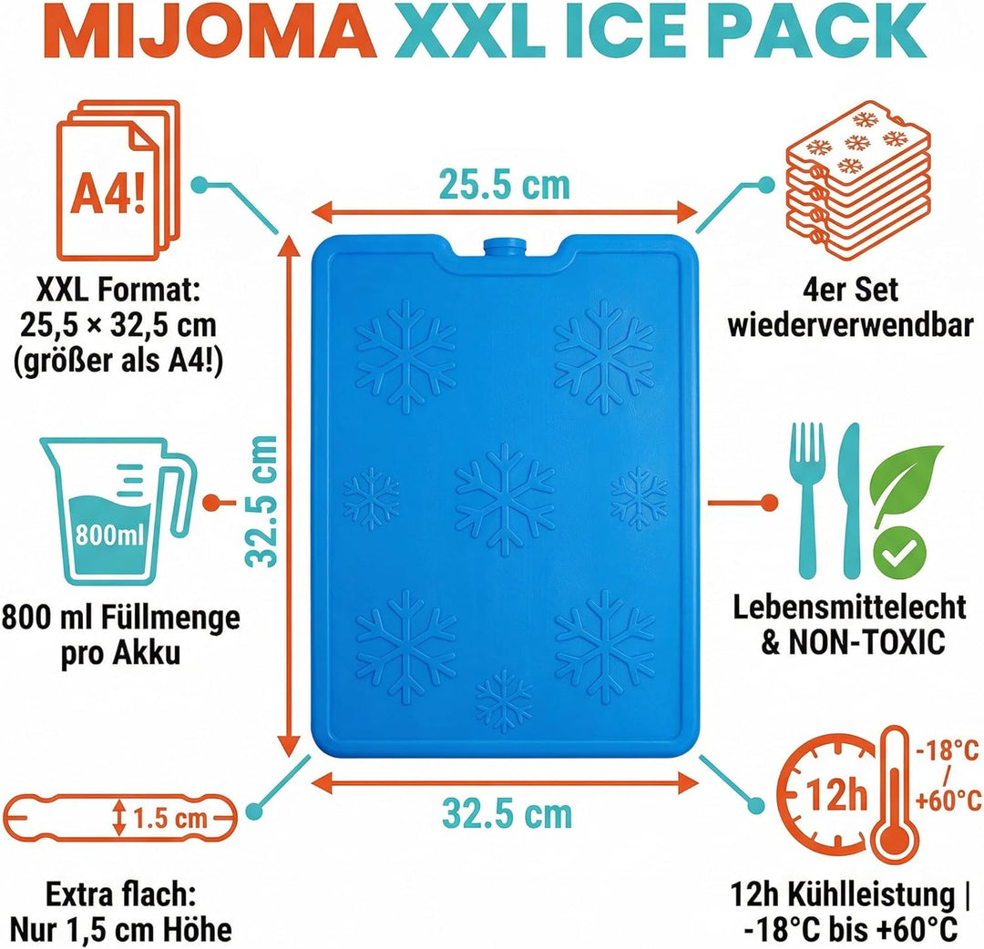 MIJOMA Kühlakku 4er Set 800 ml – extra flach aus HDPE – wiederverwendbar für Kühlbox Kühltasche Camp