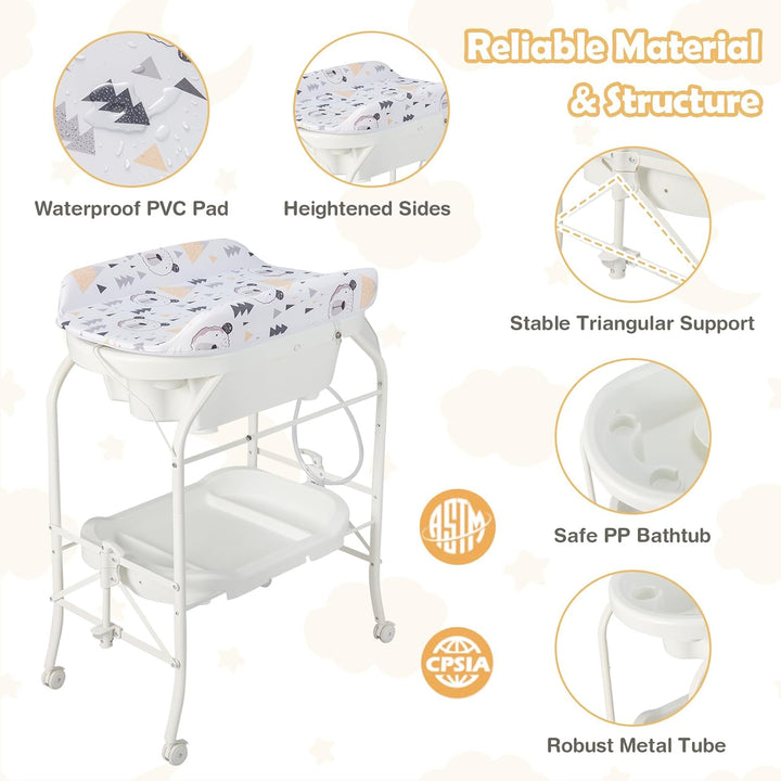 FANTASK 4 in 1 Wickeltisch mit Badewanne, mobile Babybadewanne mit Universalrädern, tragbare Wickelk