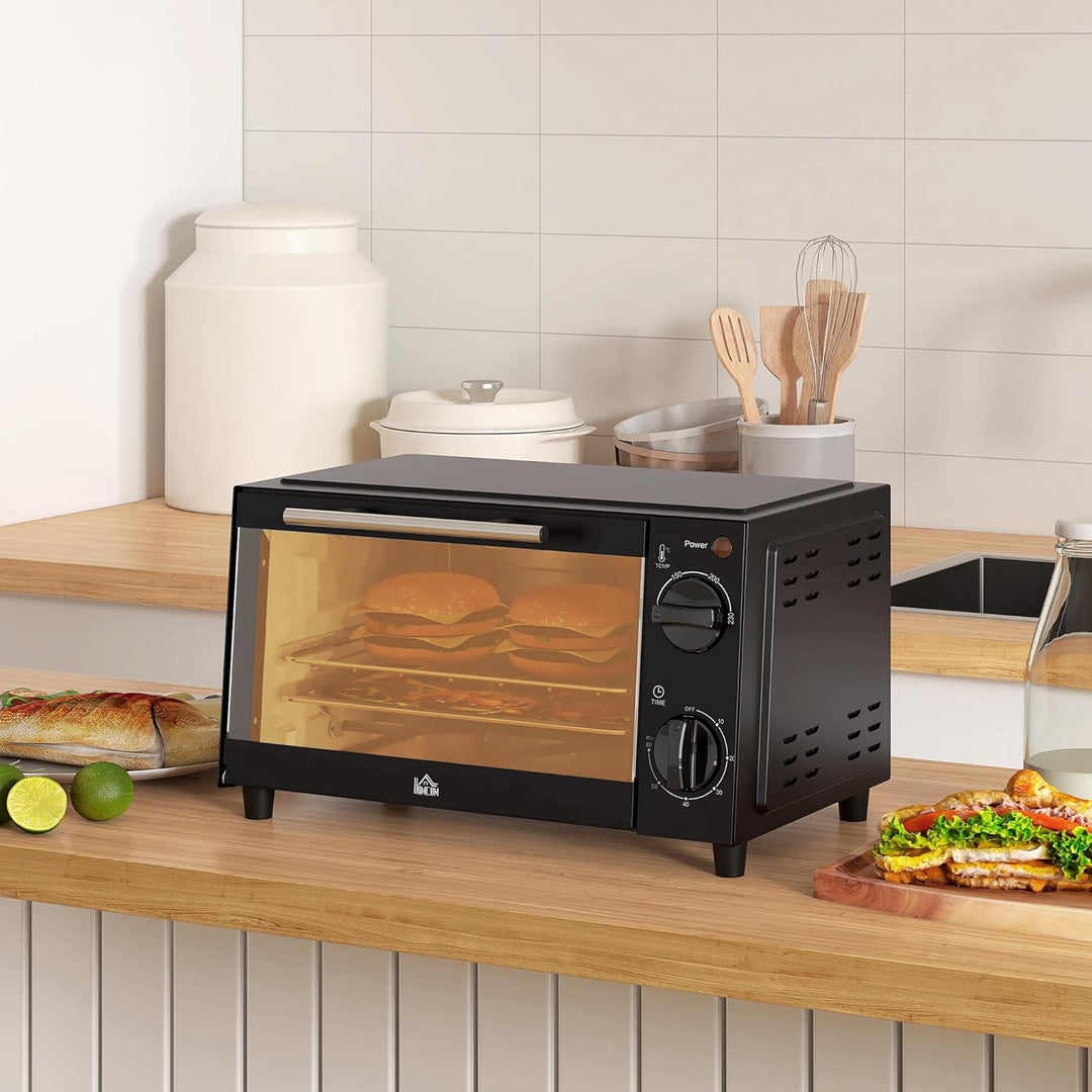 HOMCOM Mini Backofen 9 L 750W 100-230℃ 60 Min. Timer inkl. Backblech, Grillrost, Glas Fenster, Platz