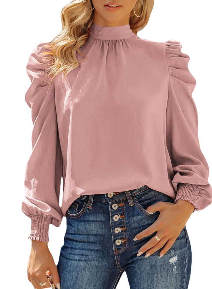 Dokotoo Damen Bluse Elegant Business Chiffonbluse Einfarbig Stehkragen Puffärmel Oberteil Tops S-XXL