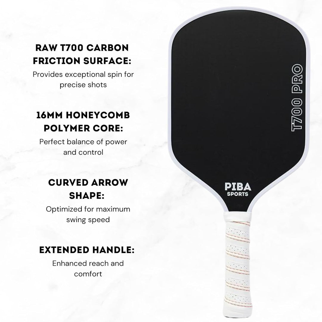 PRO Pickleball Schläger – T700 Carbon, 16mm Honeycomb, Angeraute Oberfläche für Top Spin, Verlängert