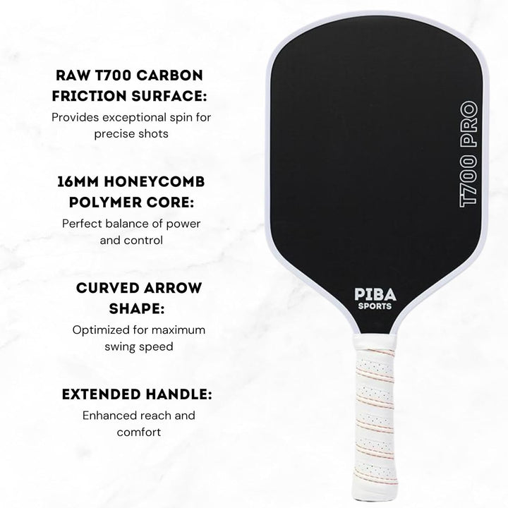 PRO Pickleball Schläger – T700 Carbon, 16mm Honeycomb, Angeraute Oberfläche für Top Spin, Verlängert