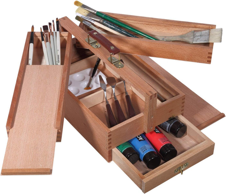 Artina Malkasten Vannes - Utensilienbox - Malkoffer aus Holz mit 4 Staufächern, Holzkoffer 39x23x17,
