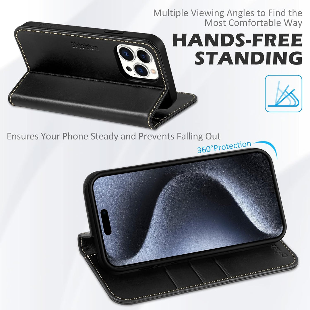 SHIELDON Hülle für iPhone 15 Pro Max, Stossfeste Schuzhülle [Echtleder] [Kartenfach] [Stand] [Verdic