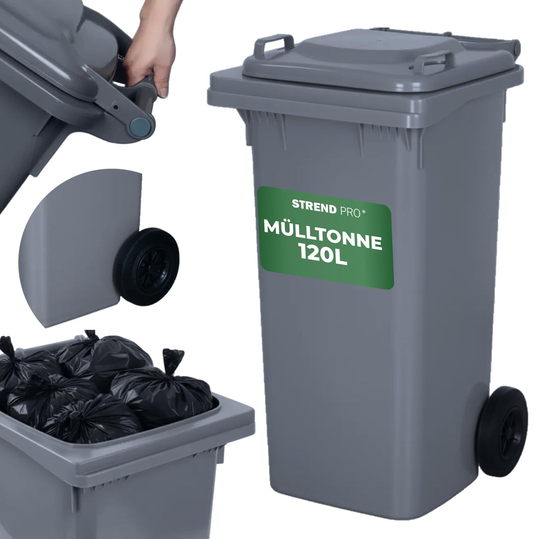 STREND PRO Mülltonne 120L Grau | Grosse Tonne für Restmüll &amp; Haushalt | Mülleimer mit Deckel &amp; Räder