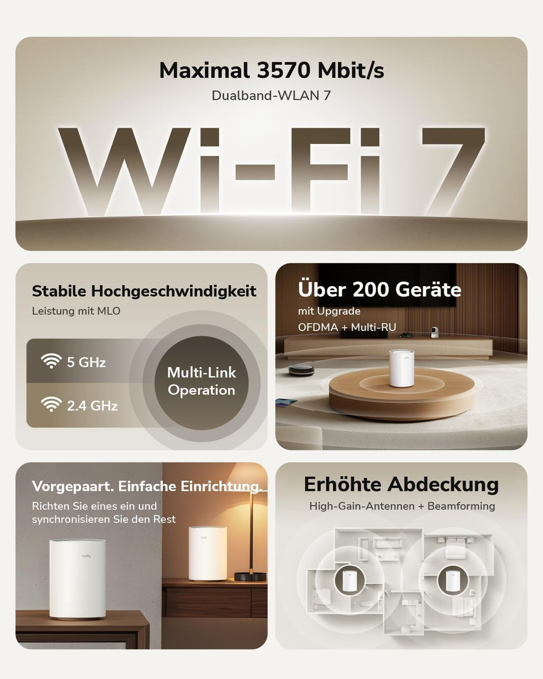 Cudy Dual Band BE3600 WiFi 7 Wi-Fi Mesh System, 3,6 Gbit/s 160 MHz, Abdeckung bis zu 7000 m², 3 Giga