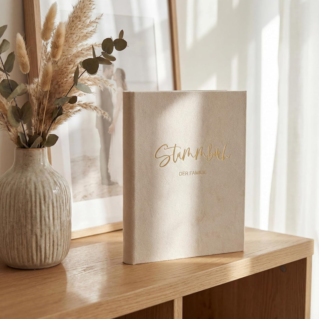 Stammbuch Hochzeit Beige-Grau Gold Samt Velour, handgefertigt inkl. vorgedruckten Innenseiten -Stand