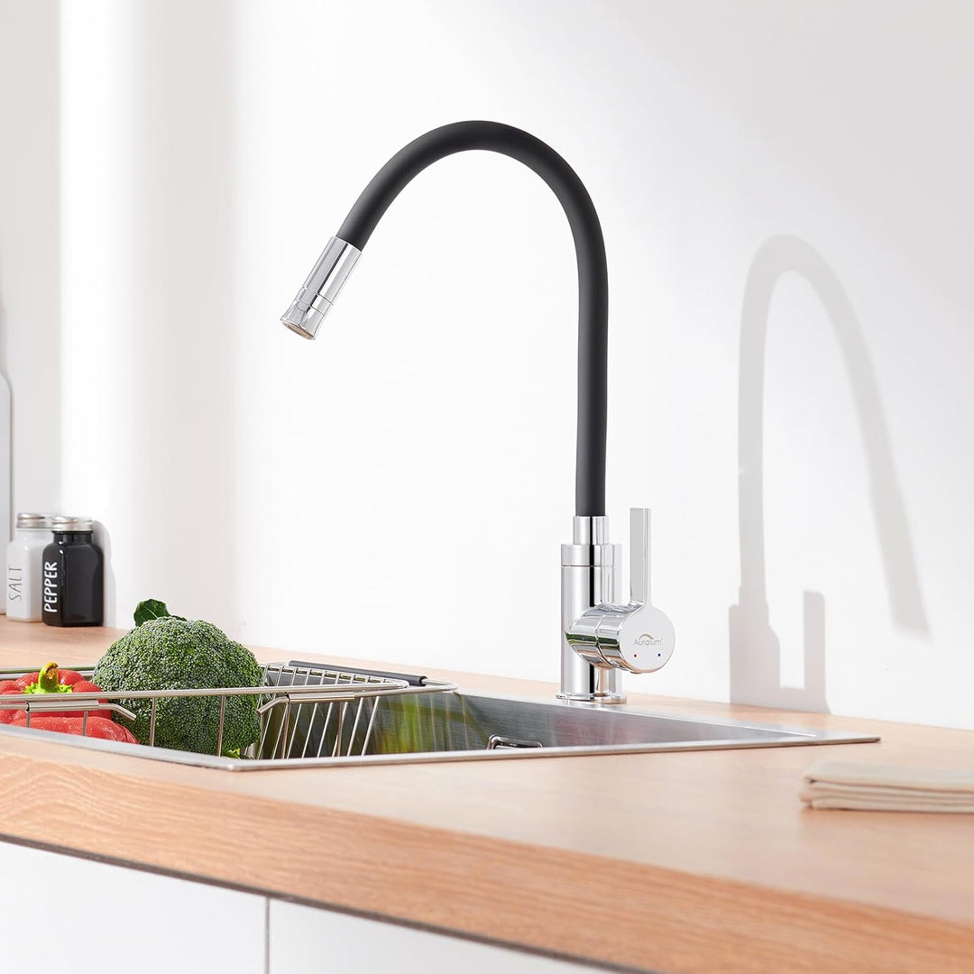 Auralum Silikon Wasserhahn Küche mit Weichschlauch, Küchenarmatur Schwarz mit 2 Strahlarten, Hochdru