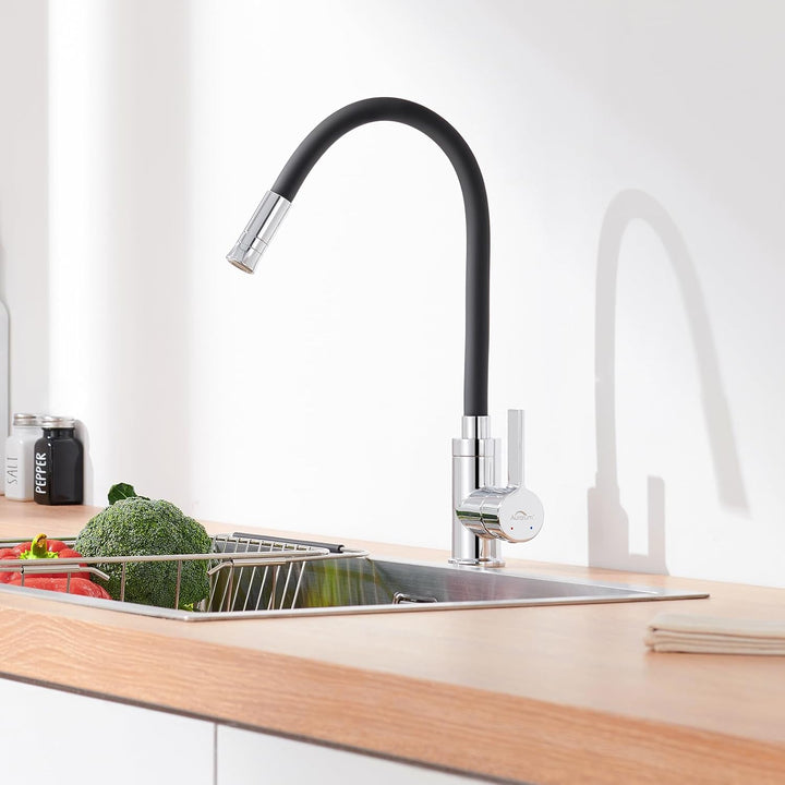 Auralum Silikon Wasserhahn Küche mit Weichschlauch, Küchenarmatur Schwarz mit 2 Strahlarten, Hochdru