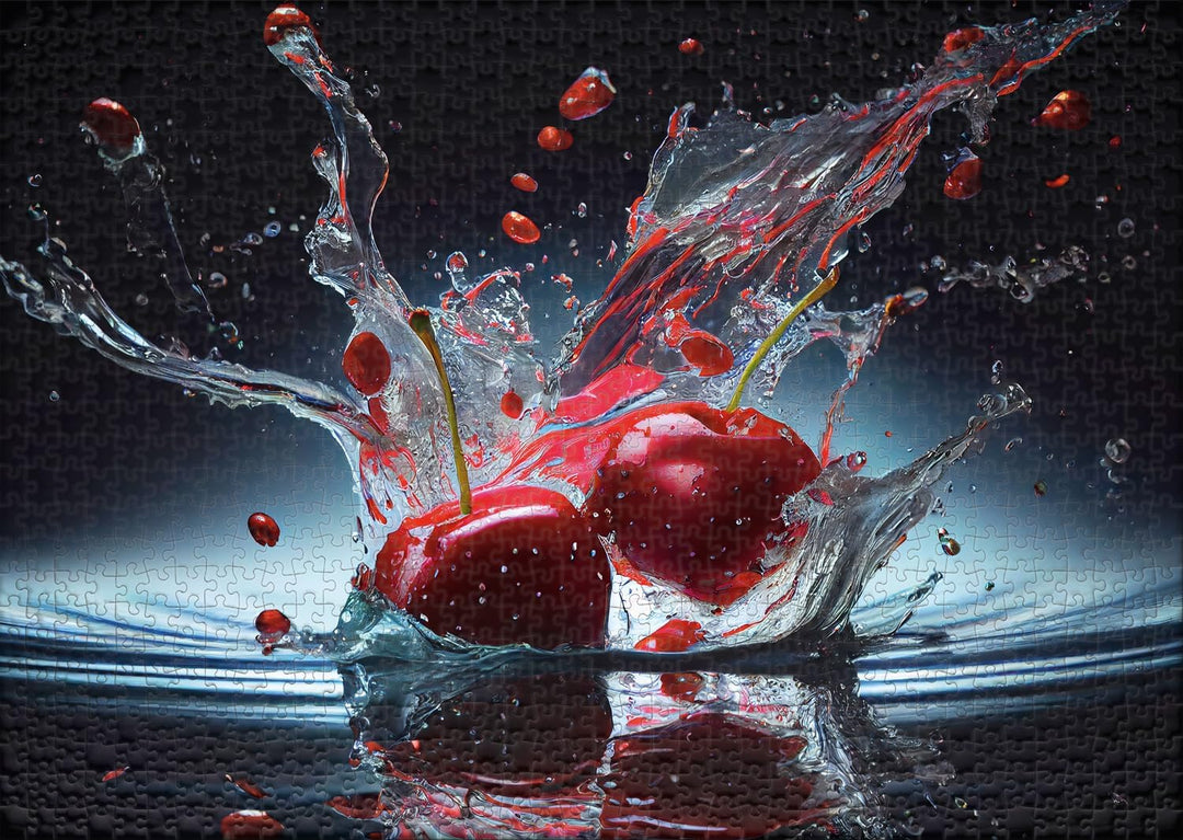 Ulmer Puzzleschmiede - 1000 Teile Fotopuzzle „Cherry Splash“ - Profi-Fotografie mit Splash Shot der