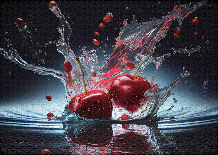 Ulmer Puzzleschmiede - 1000 Teile Fotopuzzle „Cherry Splash“ - Profi-Fotografie mit Splash Shot der