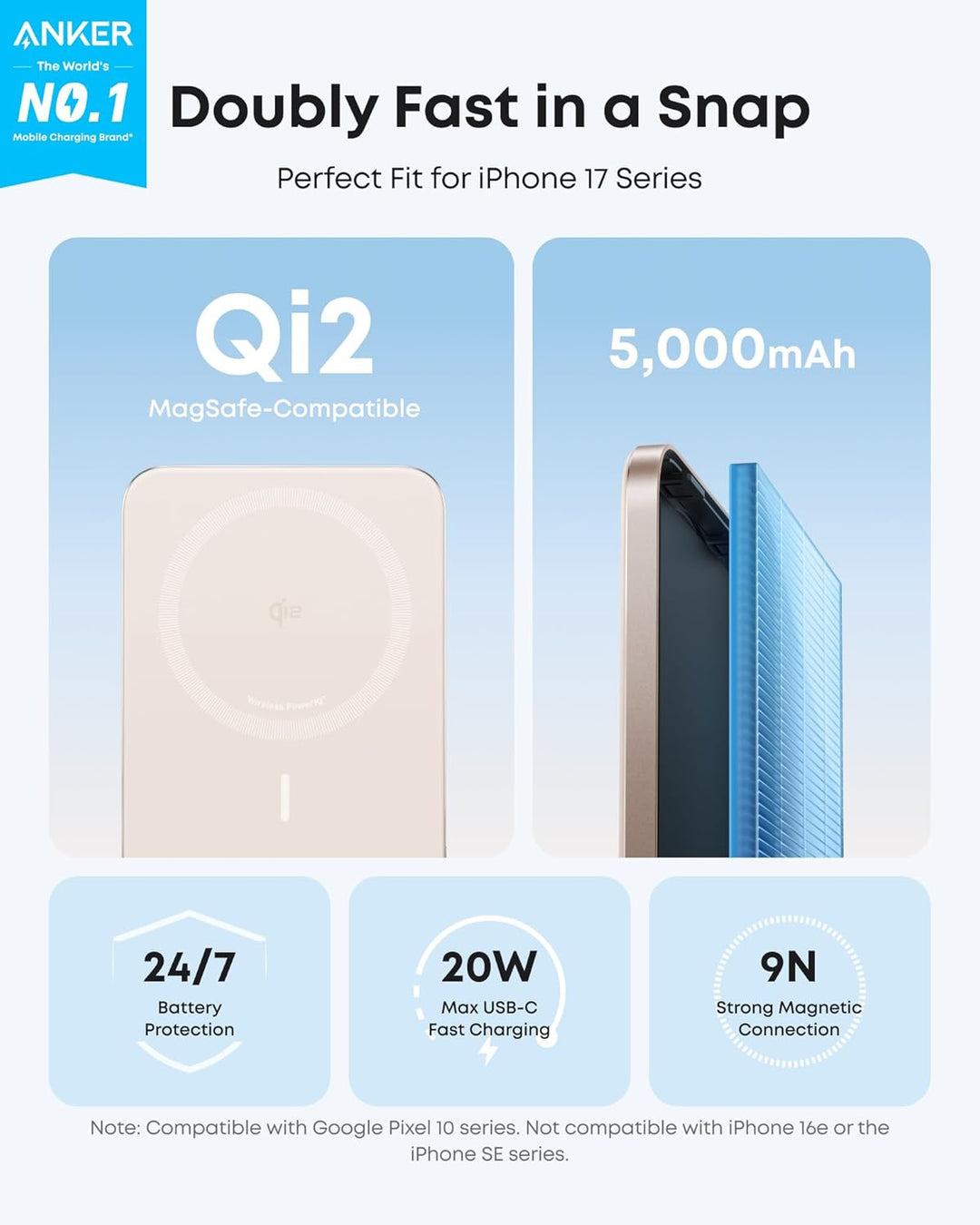 Anker Nano Powerbank, Ultraschlanke 5000mAh Magnet-Powerbank, Qi2-zertifiziert, 15W Max ultraschnell