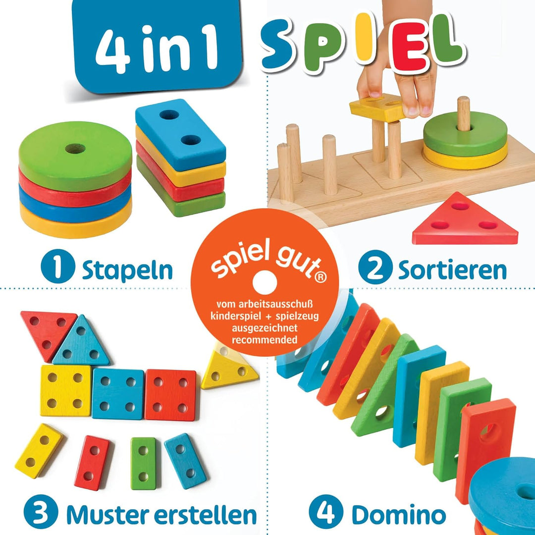 Steckspiel ab 1 Jahr, 4in1 Formen Sortierspiel ab 2 Jahre mit 16 Formen, Montessori Steckspiel Holz,