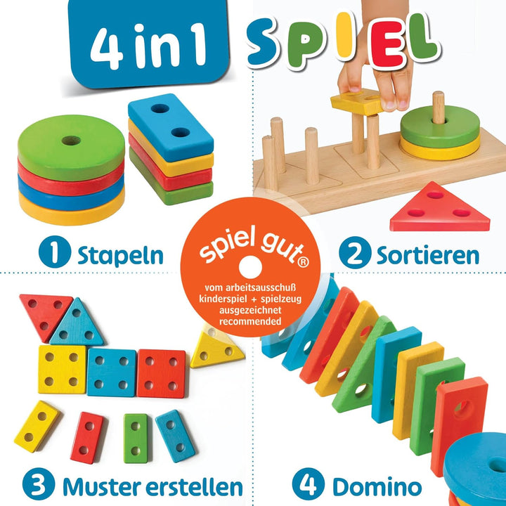 Steckspiel ab 1 Jahr, 4in1 Formen Sortierspiel ab 2 Jahre mit 16 Formen, Montessori Steckspiel Holz,