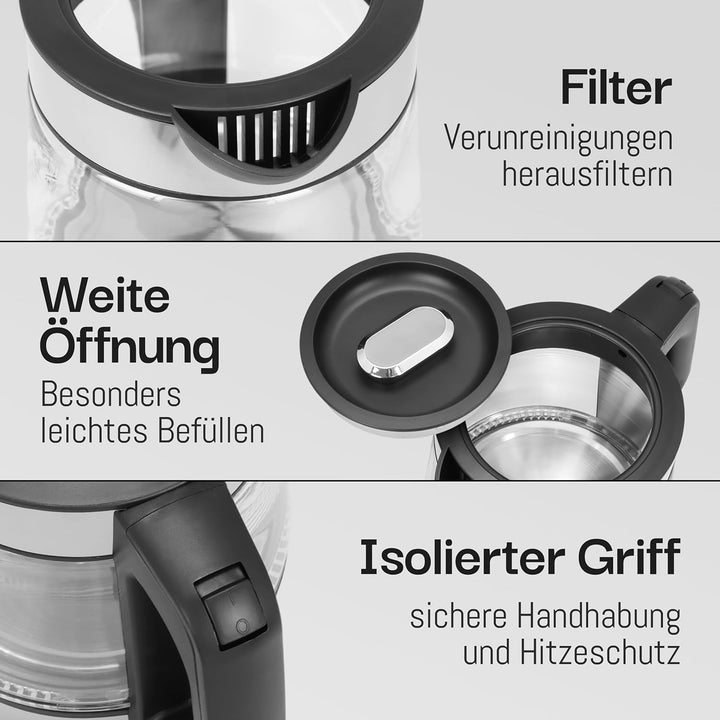 LEBENLANG Glas Wasserkocher klein - 1,2 Liter mit LED Beleuchtung I Edelstahl Design BPA-Frei Wasser