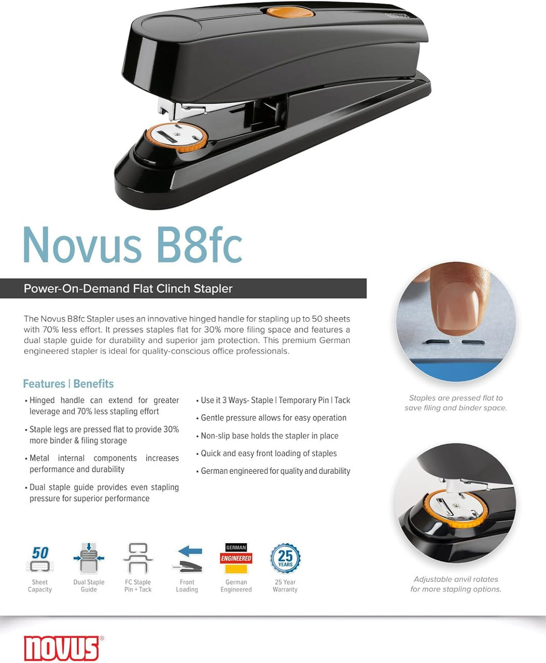 Novus B8FC B 8 FC Heftgerät (50 Blatt, Flachheftung, Hebelfunktion, inkl. 1000 Heftklammern) schwarz