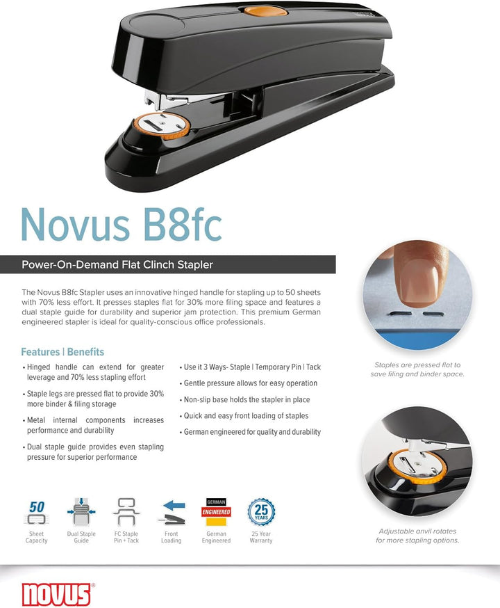 Novus B8FC B 8 FC Heftgerät (50 Blatt, Flachheftung, Hebelfunktion, inkl. 1000 Heftklammern) schwarz