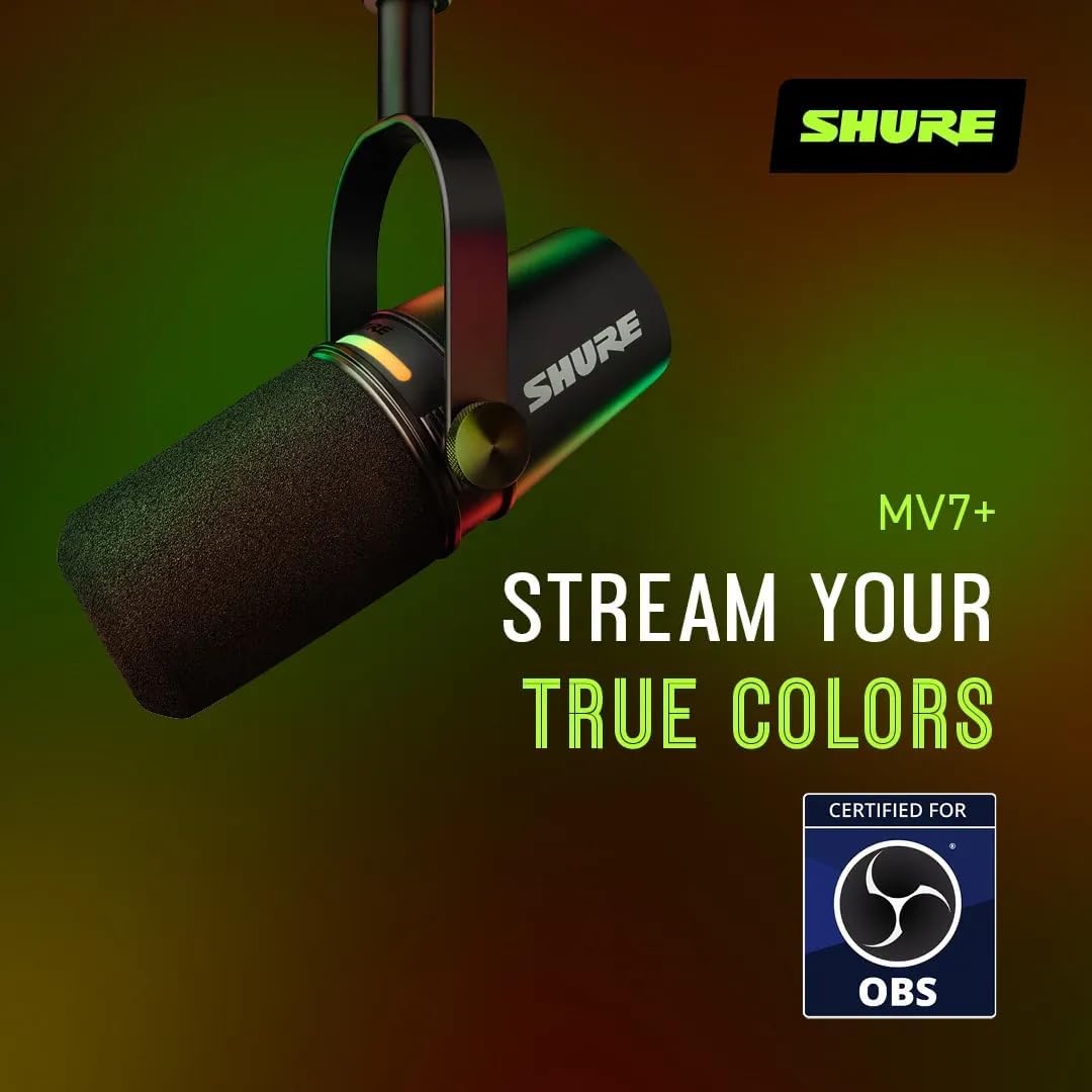 Shure MV7+ Podcast Mikrofon-Verbessertes Audio, LED-Touchpanel, USB-C- und XLR-Ausgänge, Auto-Level-