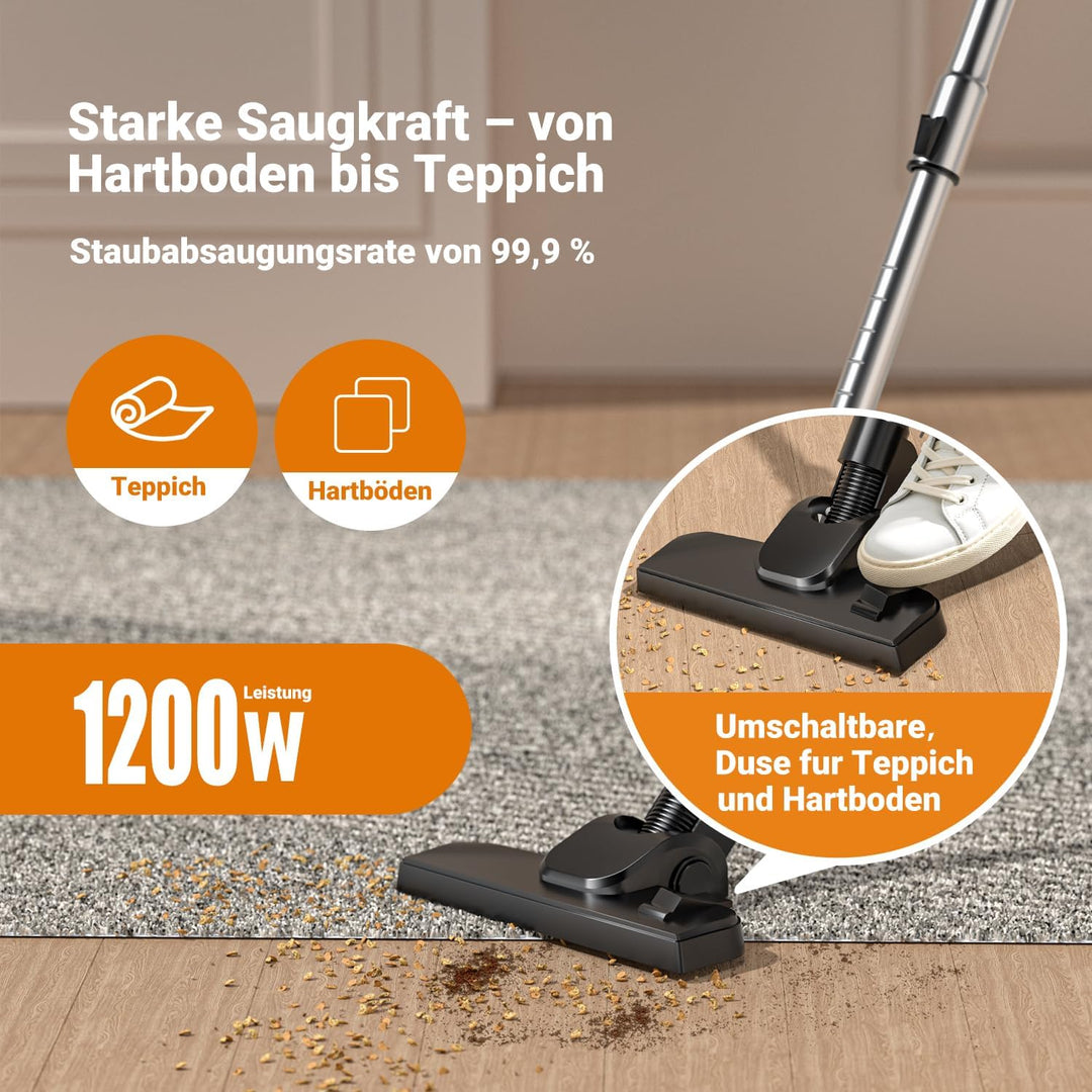 Beutelloser Staubsauger 1200W Starke Saugleistung,Kompakt Leicht Bodenstaubsauger ohne Beutel,Leiser