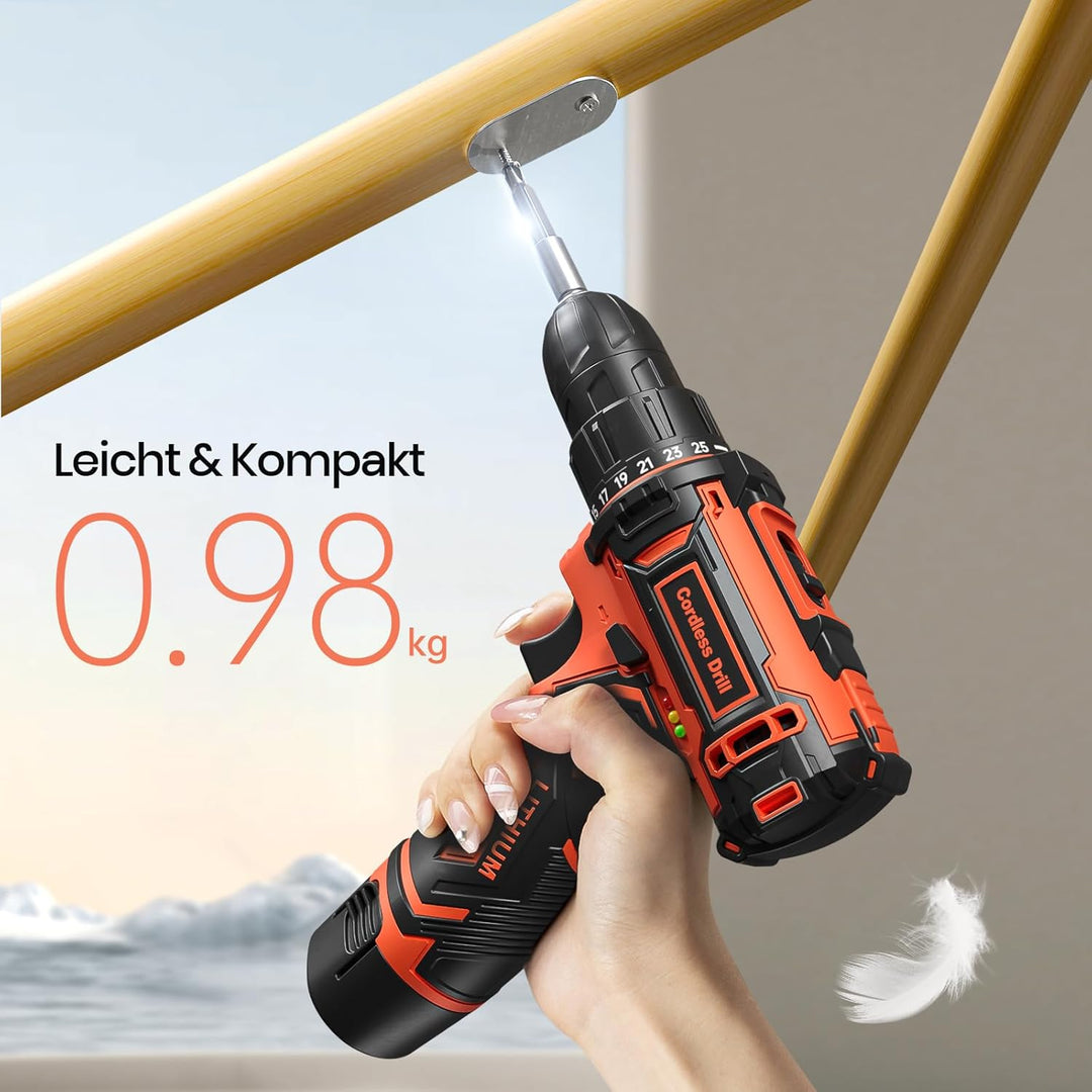 Akkuschrauber, 12V Akku Bohrschrauber Set mit 2000mAh Akku, 24tlg Zubehör und Tragetasche, Akkubohre