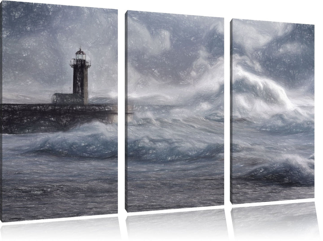 Pixxprint Sturmwellen Leuchtturm Portugal Kunst Buntstift Effekt 3-Teiler Leinwandbild 120x80 Bild a