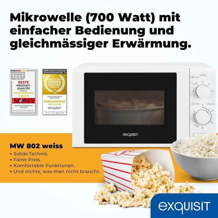 Exquisit Mikrowelle MW 802 | 700 W Leistung | 20 L Garraum | kompakte Mikrowelle mit Edelstahl Innen