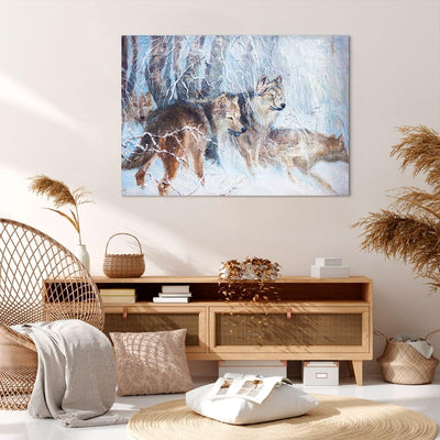 Bilder auf Leinwand 100x70cm Leinwandbild mit Rahmen Wolf Tier Wald Gross Wanddeko Bild Schlafzimmer