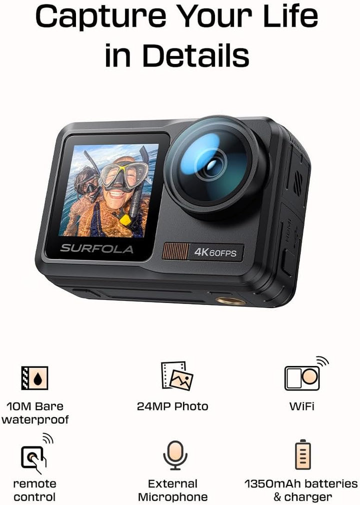 Surfola SF630 Action Cam 4K 60FPS, Unterwasserkamera 40M blankem Metall Wasserdicht Kamera 10M, WiFi