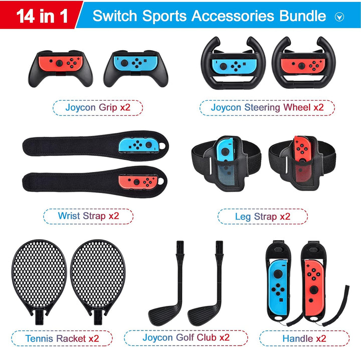 14 in 1 Switch Sport Zubehör Bündel, innoAura NS Bundle Lenkrad, Joycon Griff, Tennisschläger, Glof