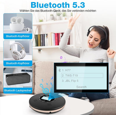 HOTT CD Player Tragbar Bluetooth CD-Player mit 4 Lautsprecher und FM-Transmitter, Tragbarer CD Playe