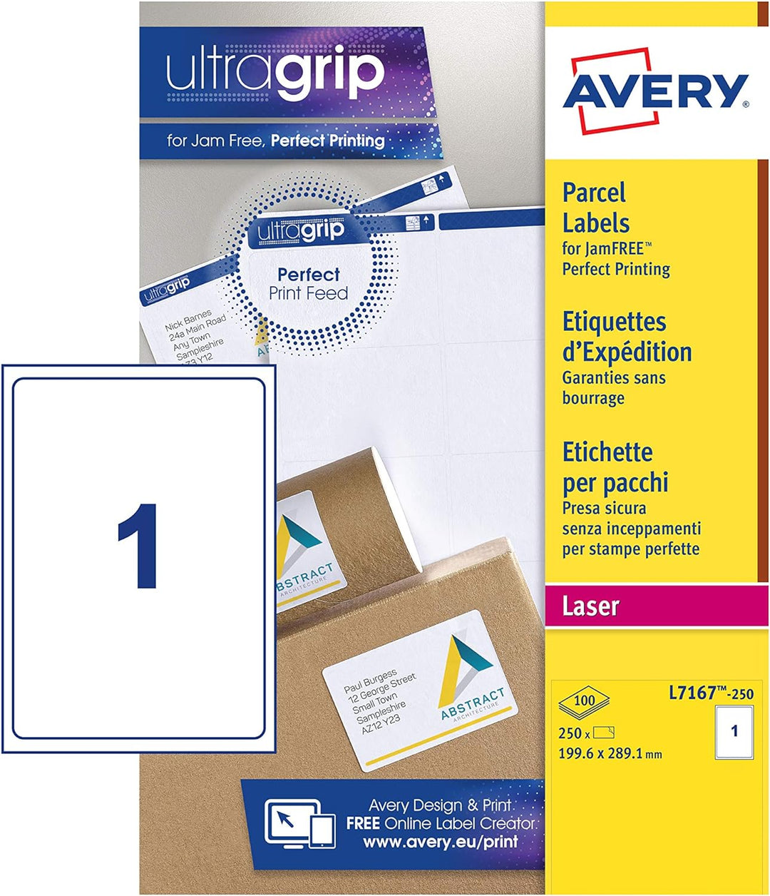 Avery L7167-250 Laser-Etiketten ohne Papierstau 1 Etikette pro Blatt 199,6 x 289,1 mm 250 Stück weis