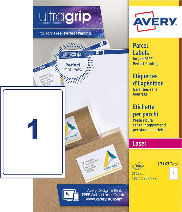 Avery L7167-250 Laser-Etiketten ohne Papierstau 1 Etikette pro Blatt 199,6 x 289,1 mm 250 Stück weis