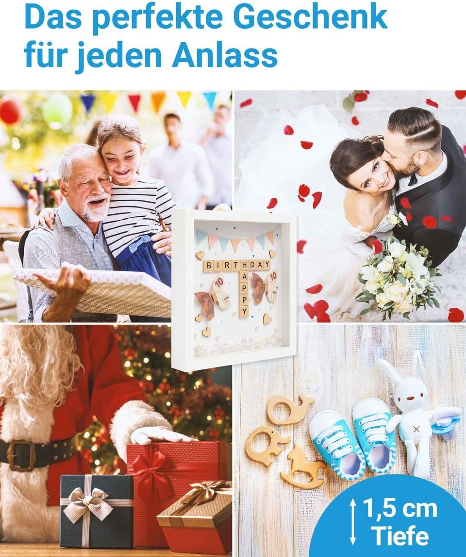 PHOTOLINI 3D Bilderrahmen zum Befüllen 21x30 A4 Gold, 1,5 cm tiefer Objektrahmen mit Glas, tiefer Bi