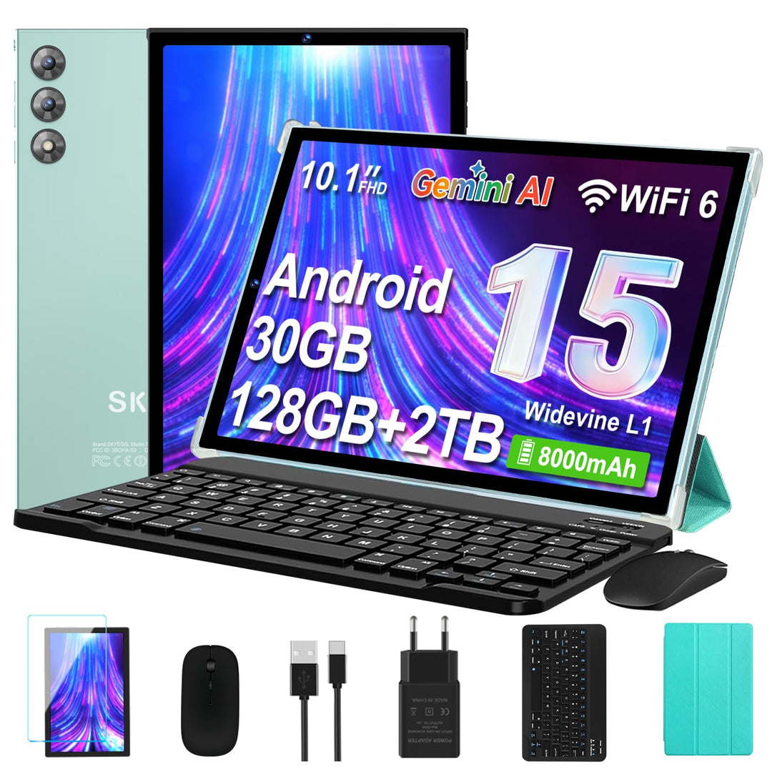 Tablet 10 Zoll mit Tastatur und Maus, Android 15 mit Gemini AI, 30 GB RAM + 128 GB ROM, Erweiterbar