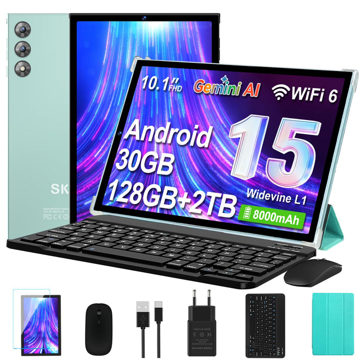 Tablet 10 Zoll mit Tastatur und Maus, Android 15 mit Gemini AI, 30 GB RAM + 128 GB ROM, Erweiterbar